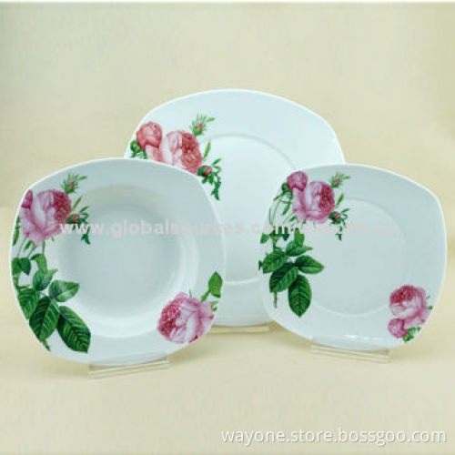 18-piece Ceramic Dinnerware Set, Rose Design, Square Shape, Food and Dishwasher Safe, Lead-free